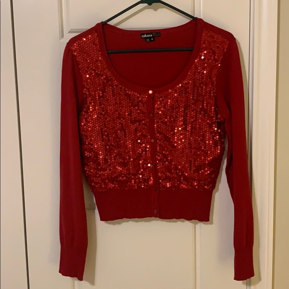 red sequin cardigan